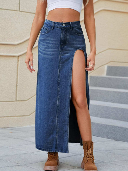 Slit Buttoned Denim Skirt with Pockets - Trendsi - Flyclothing LLC
