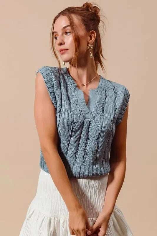 SO ME Notched Neck Cable Knit Sweater Vest - Trendsi - Flyclothing LLC