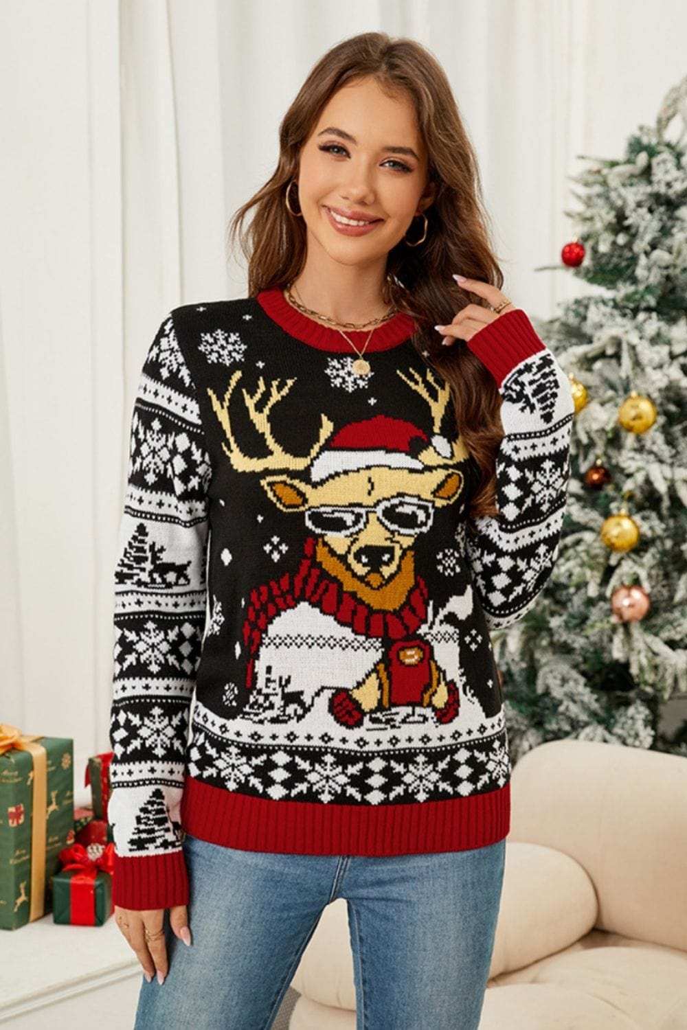 Christmas Pattern Round Neck Long Sleeve Sweater - Trendsi - Flyclothing LLC