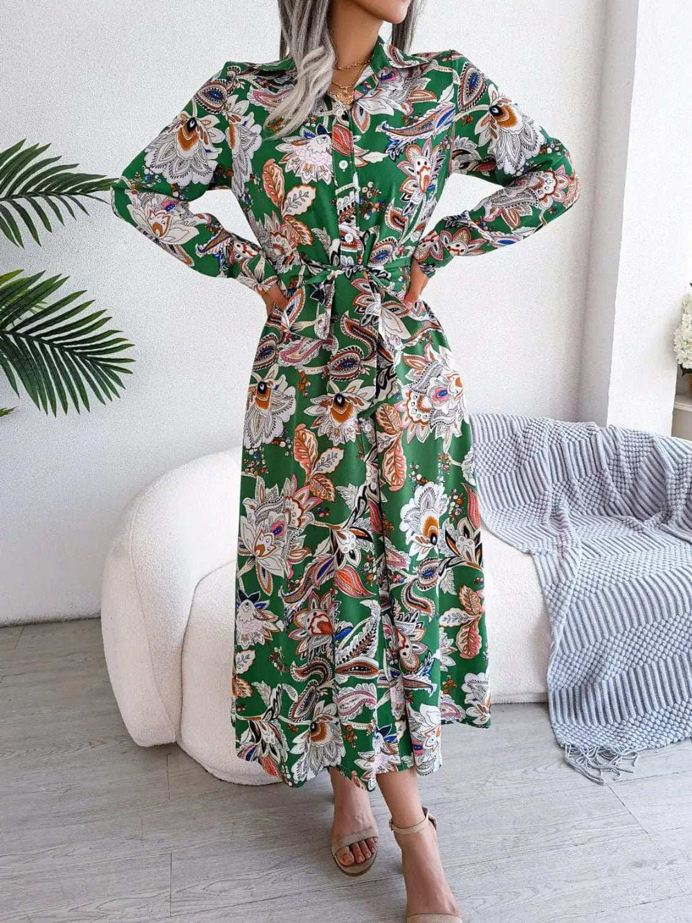 Tied Printed Long Sleeve Midi Dress - Trendsi - Flyclothing LLC