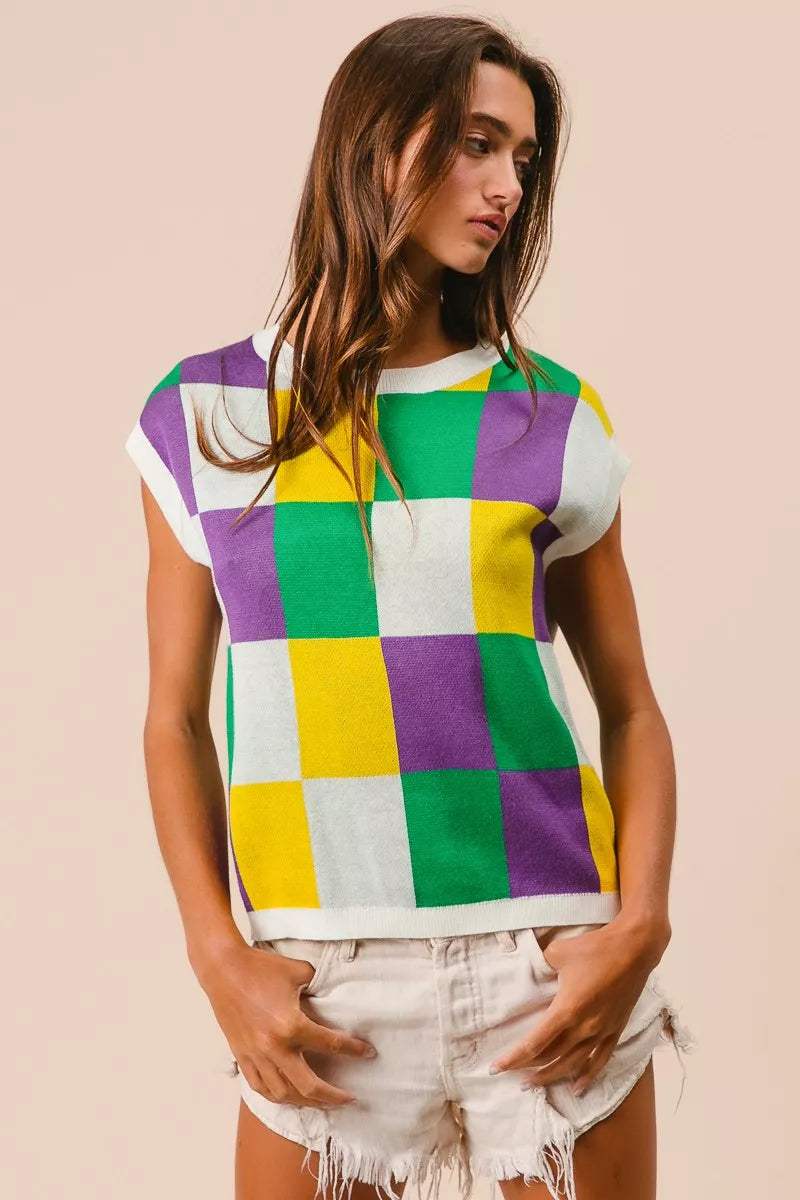 BiBi Mardi Gras Checker Pattern Sleeveless Sweater Top - Trendsi - Flyclothing LLC