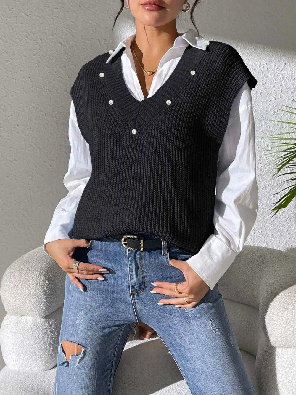 Pearl Trim V-Neck Sweater Vest - Trendsi - Flyclothing LLC