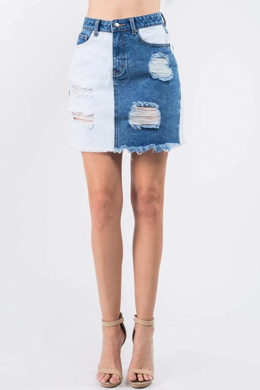 American Bazi Contrast Patched Frayed Denim Distressed Skirts - Trendsi - Flyclothing LLC