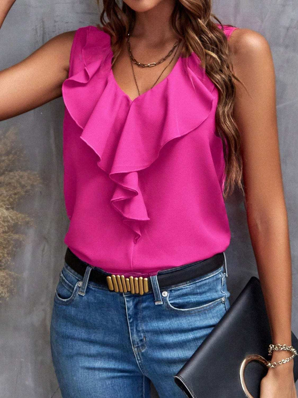 Ruffled V-Neck Tank - Trendsi - Flyclothing LLC