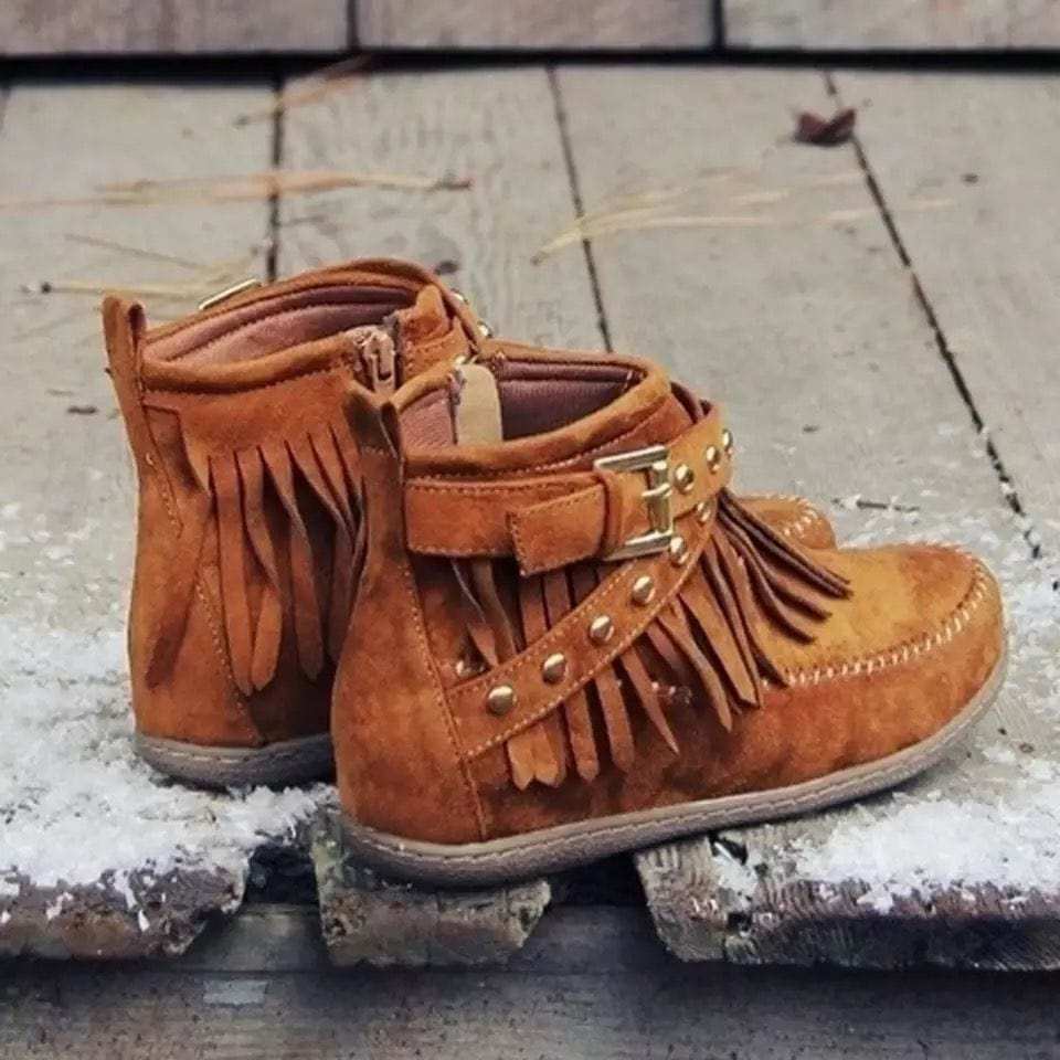 Fringe Studded Suede Flat Boots - Trendsi - Flyclothing LLC