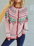 Contrast Geometric Round Neck Long Sleeve Cardigan - Trendsi - Flyclothing LLC