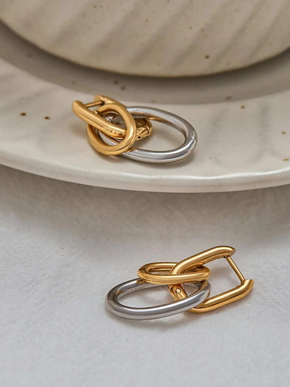Stainless Steel Two-Tone Interlocked Hoop Earrings - Trendsi - Flyclothing LLC
