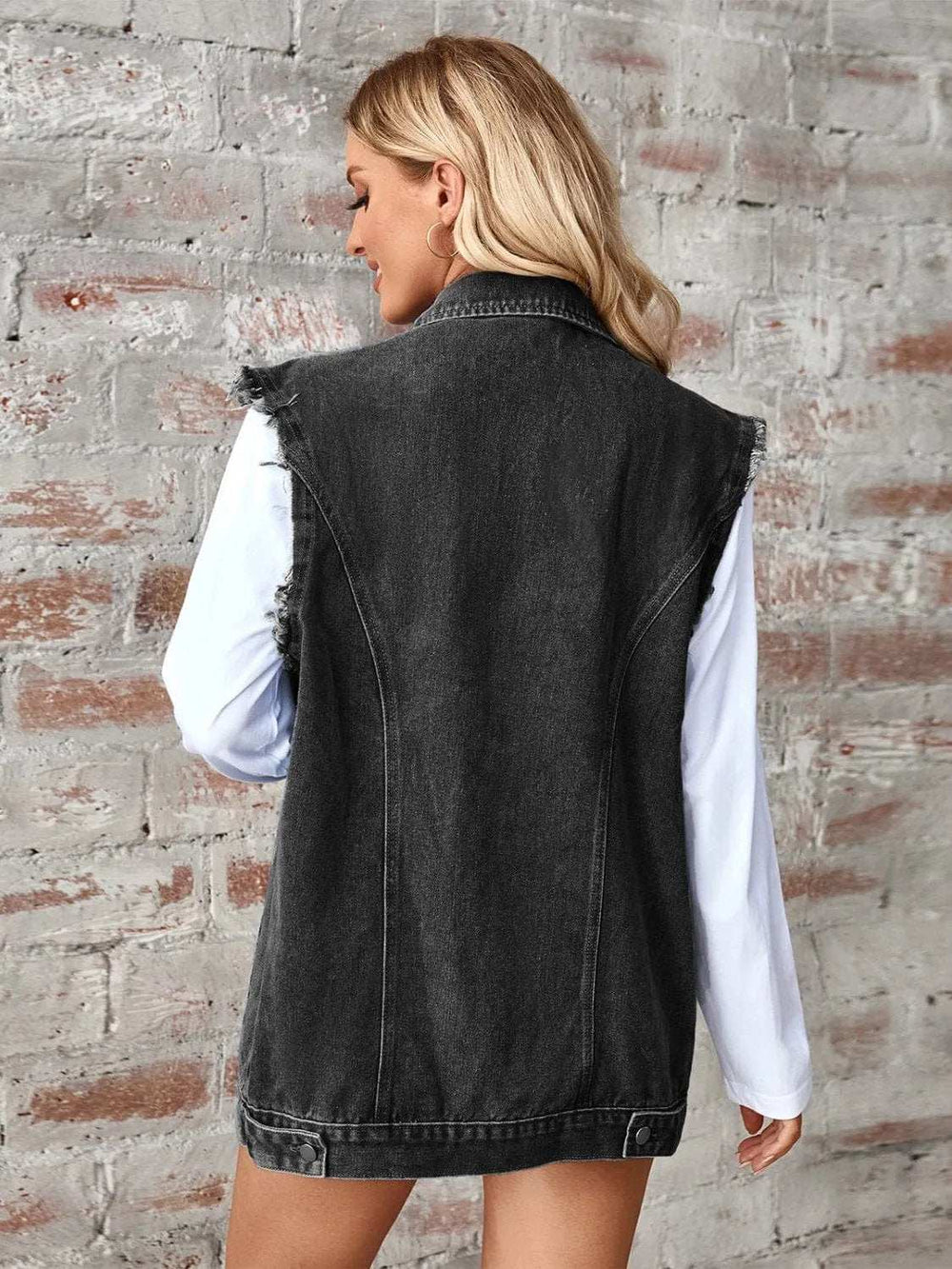 Raw Hem Sleeveless Button Up Denim Jacket - Trendsi - Flyclothing LLC