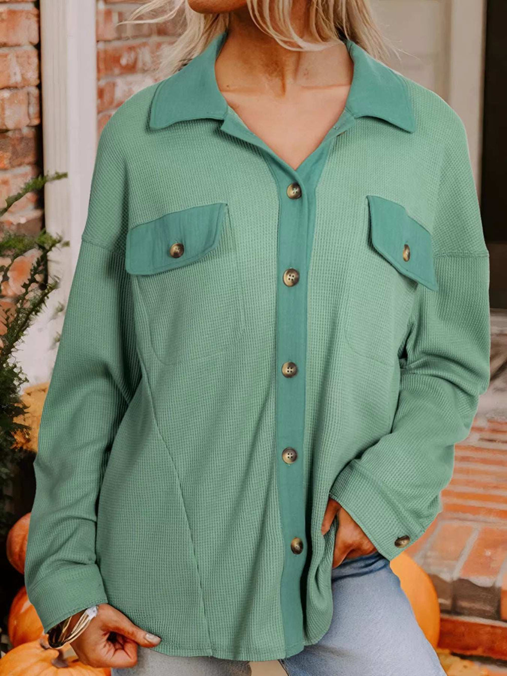 Waffle Knit Vintage Patchwork Button Up Loose Shirt - Trendsi - Flyclothing LLC