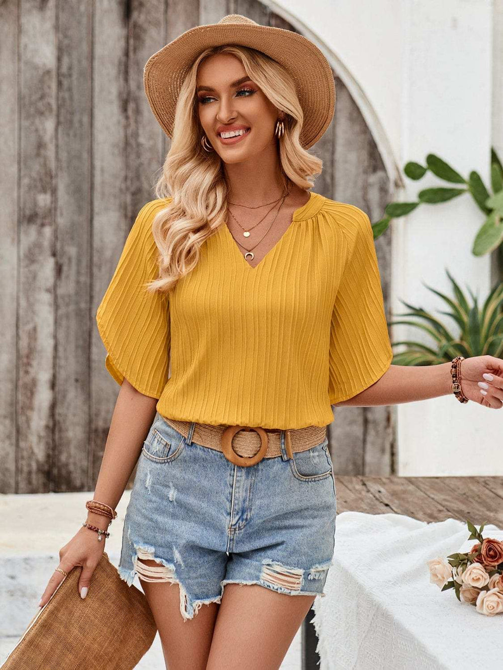 Notched Slit Half Sleeve Blouse - Trendsi - Flyclothing LLC