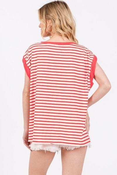 Ces Femme Side Slit Striped Cap Sleeve T-Shirt - Trendsi - Flyclothing LLC