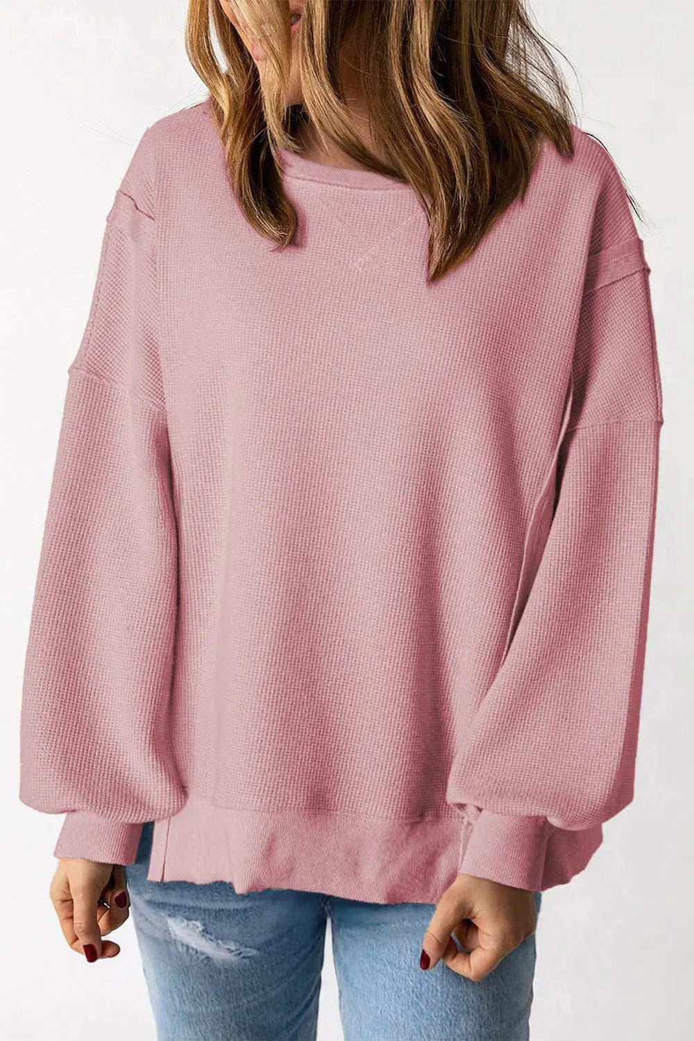 Slit Waffle-Knit Round Neck Long Sleeve Top - Trendsi - Flyclothing LLC
