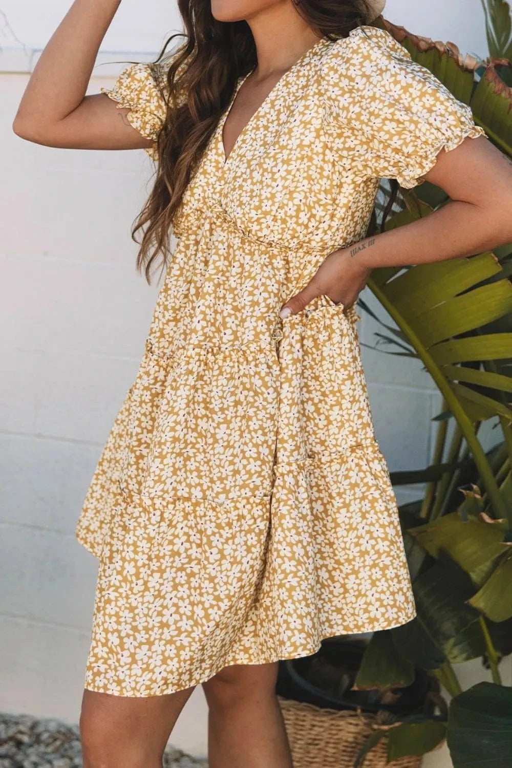 Floral Short Sleeve Surplice Frilly Tiered Mini Dress - Trendsi - Flyclothing LLC