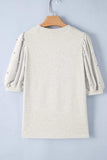 Rhinestone Pearl Detail Round Neck Puff Sleeve Top - Trendsi - Flyclothing LLC