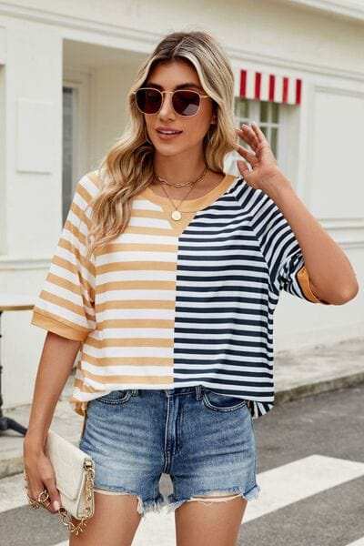 Striped Round Neck Half Sleeve T-Shirt - Trendsi - Flyclothing LLC