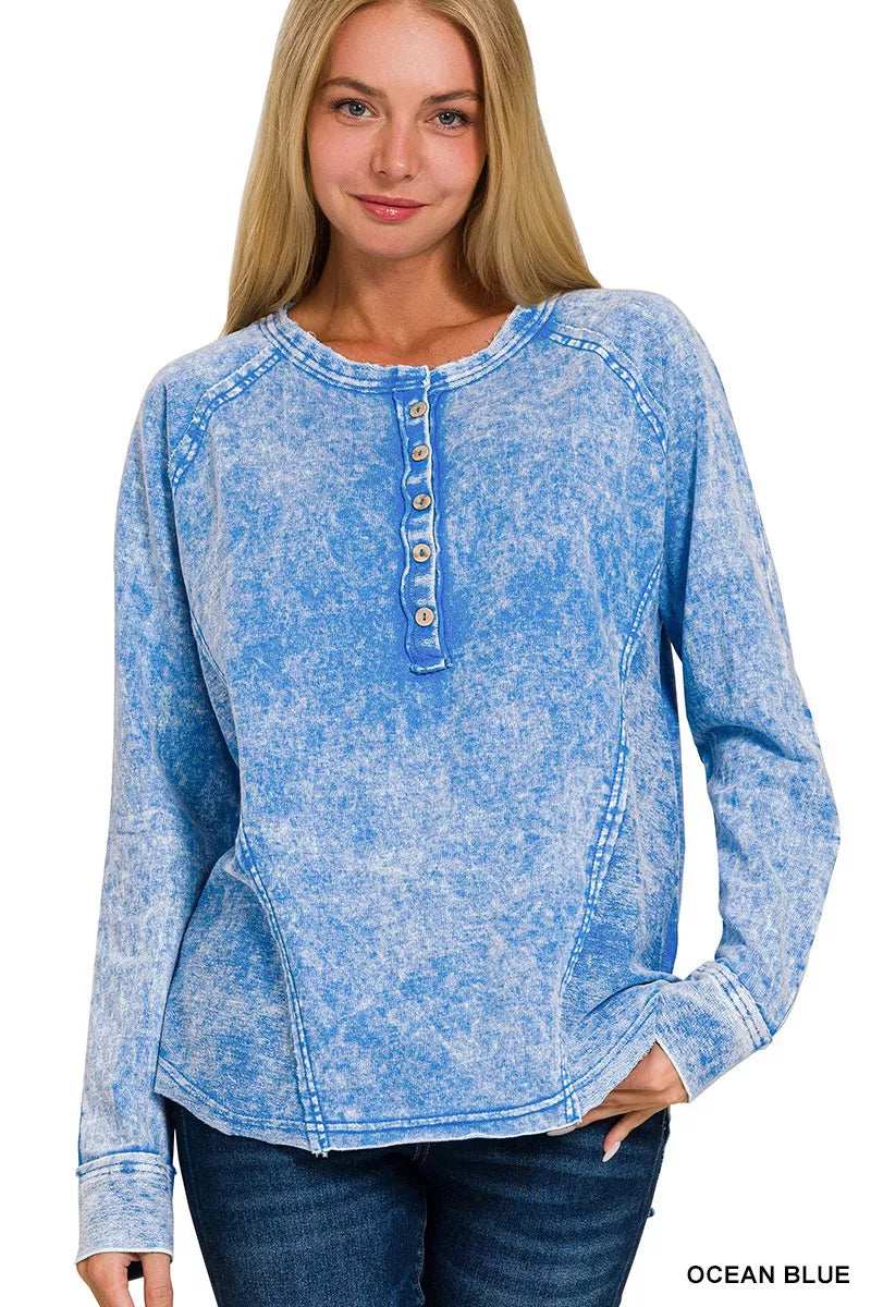 Zenana Washed French Terry Half Button Top - Trendsi - Flyclothing LLC