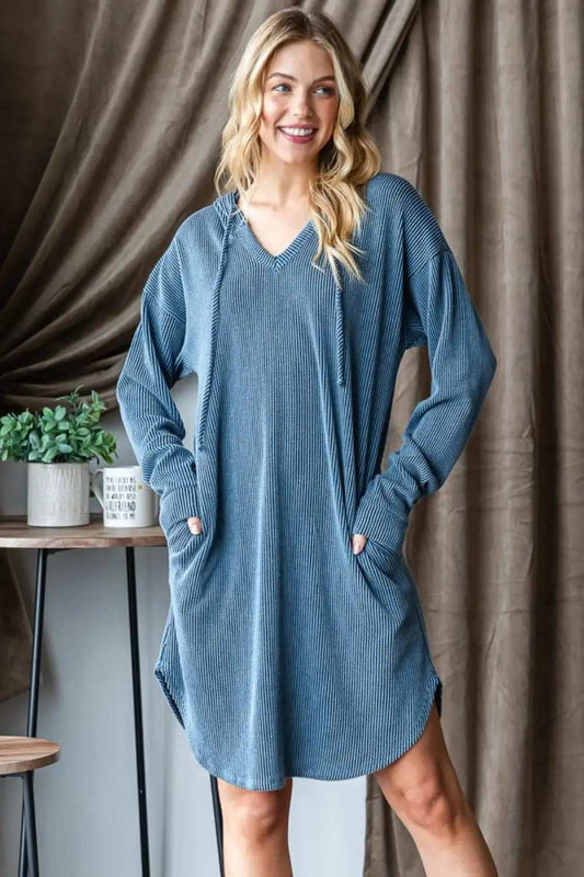 Heimish Ribbed Long Sleeve Hooded Dress - Trendsi - Flyclothing LLC