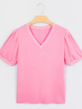 Solid Color V Neck Short Puff Sleeve Blouse - Trendsi - Flyclothing LLC