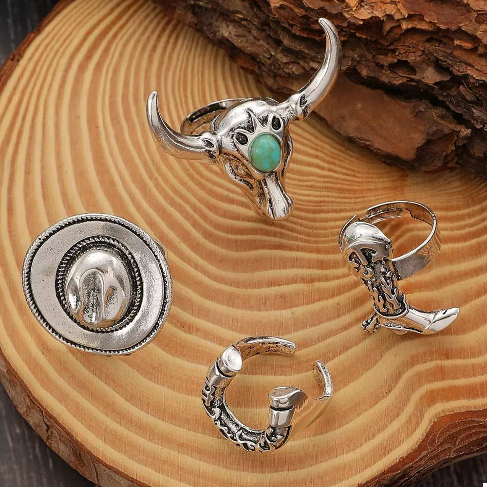 4 Piece Vintage Western Style Bull Head Rings - Trendsi - Flyclothing LLC