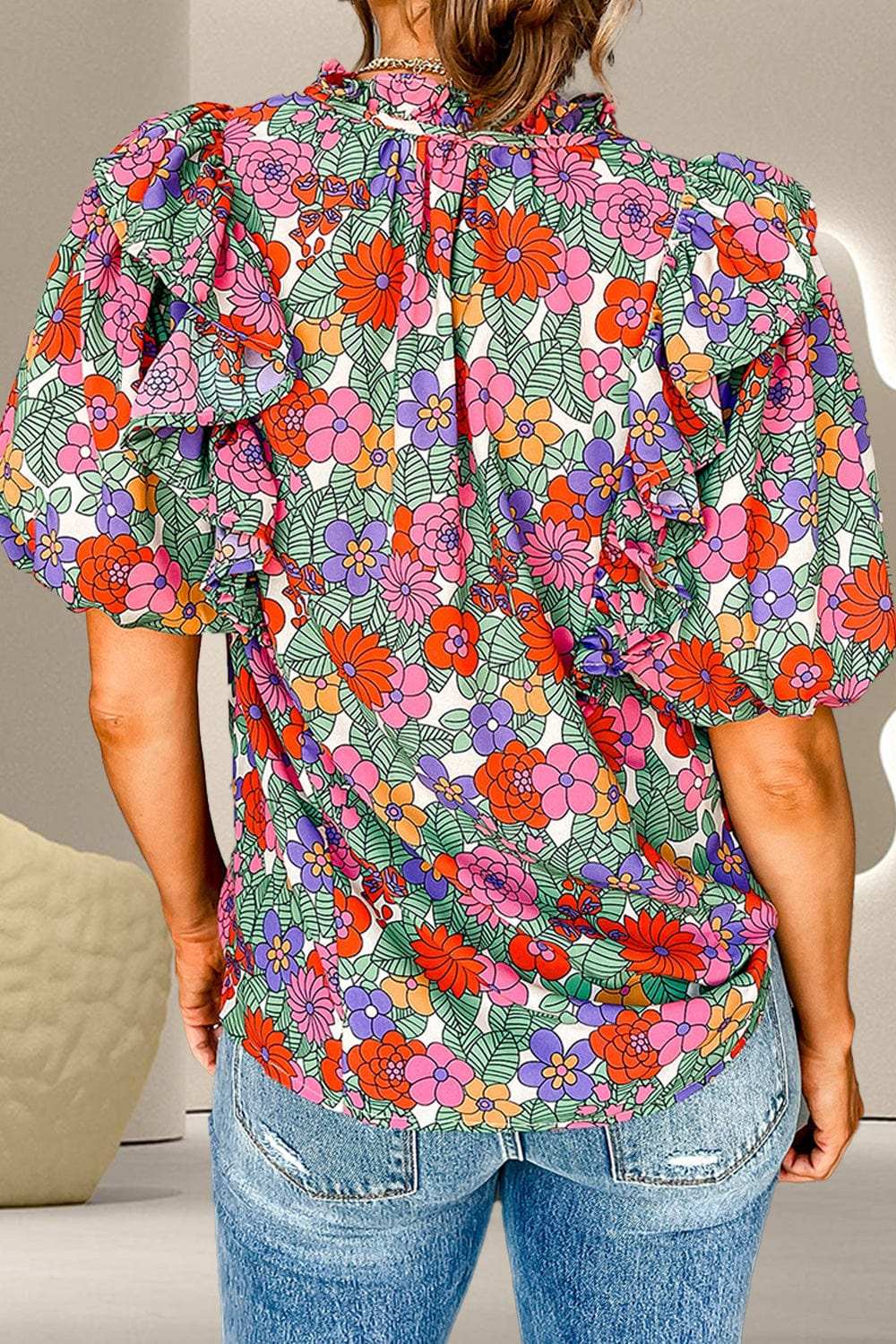 Ruffled Printed Tie Neck Short Sleeve Blouse - Trendsi - Flyclothing LLC