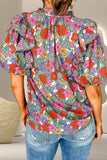Ruffled Printed Tie Neck Short Sleeve Blouse - Trendsi - Flyclothing LLC