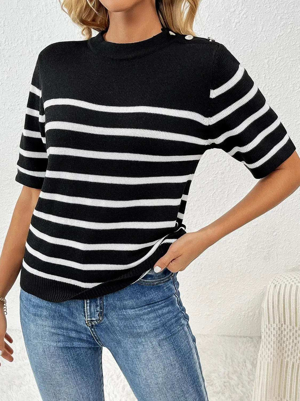 Striped Round Neck Half Sleeve Knit Top - Trendsi - Flyclothing LLC