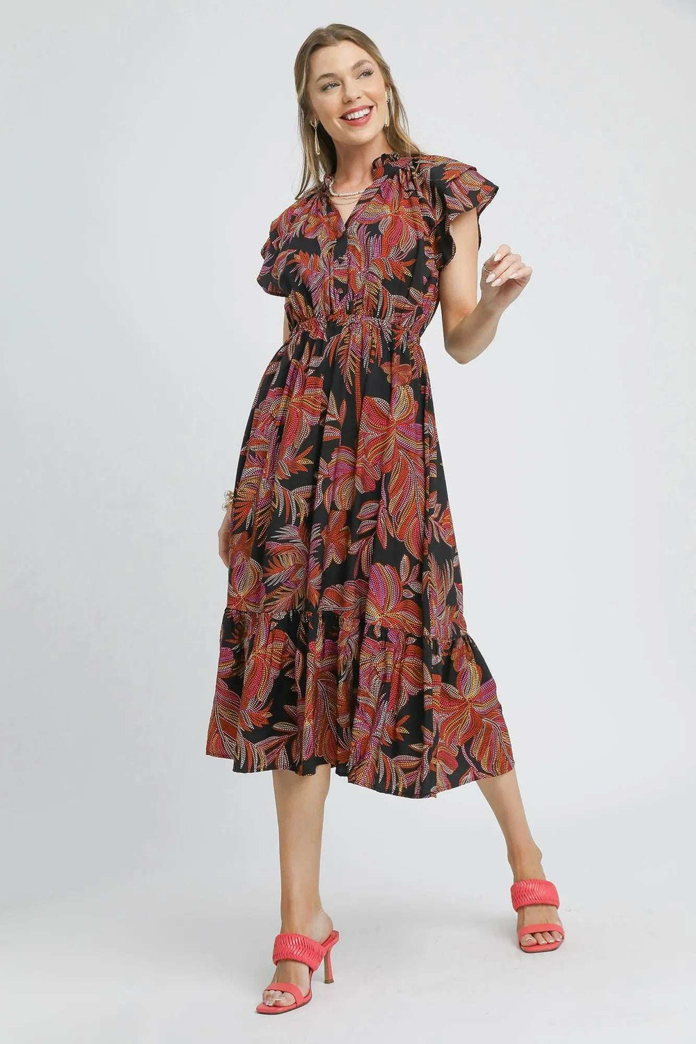 Umgee Mix Ruffle Sleeve Tropical Midi Dress - Trendsi - Flyclothing LLC