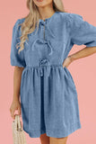 Bowknot Round Neck Half Sleeve Denim Dress - Trendsi - Flyclothing LLC