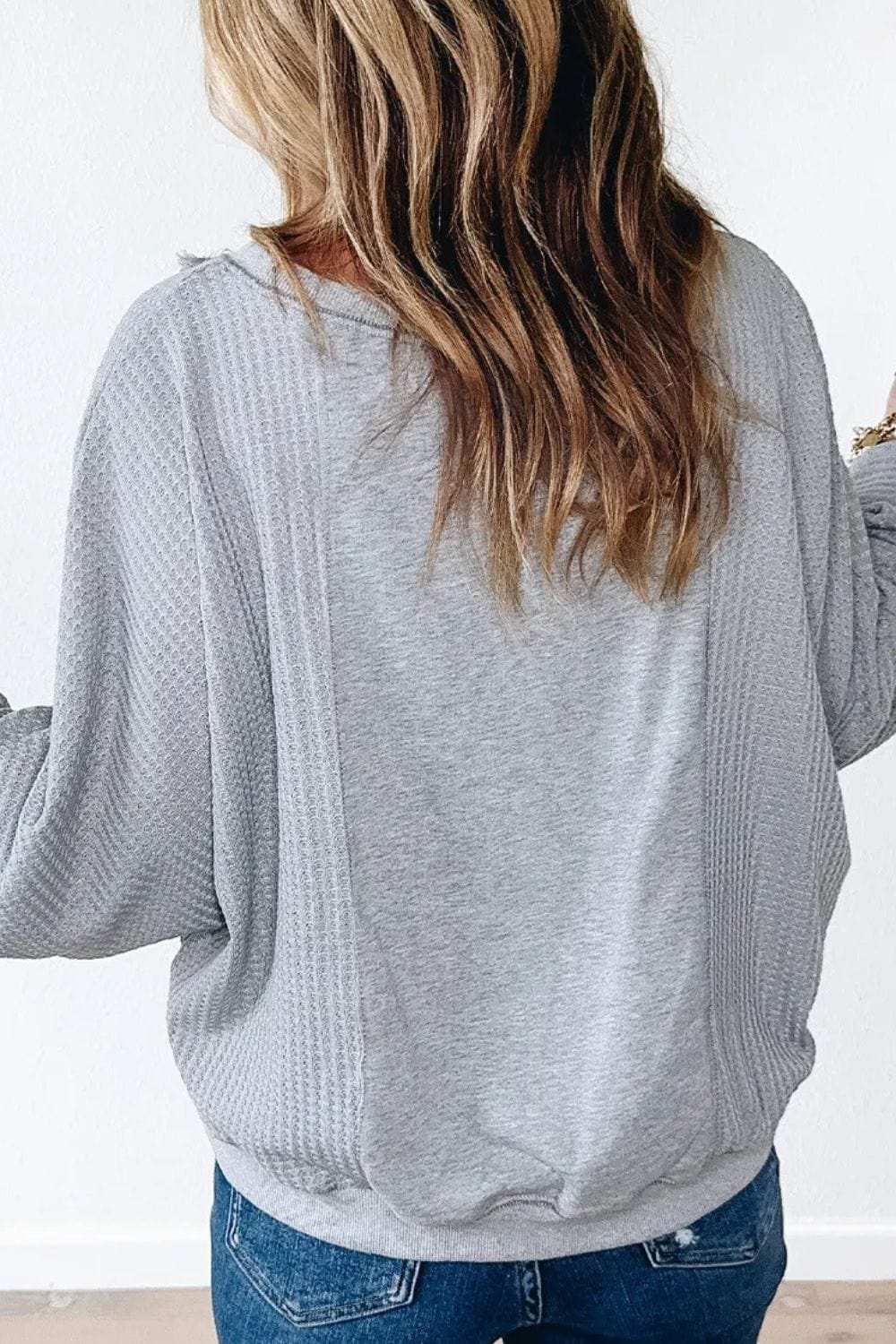 Waffle-Knit Round Neck Long Sleeve Top - Trendsi - Flyclothing LLC