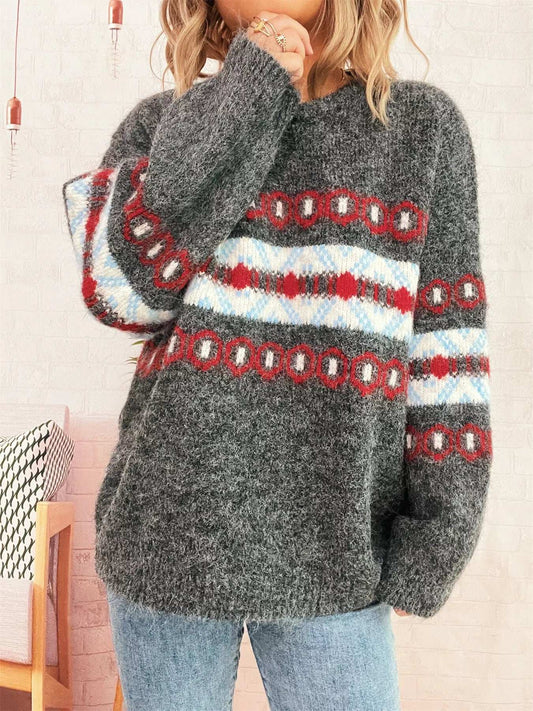 Contrast Round Neck Drop Shoulder Sweater - Trendsi - Flyclothing LLC