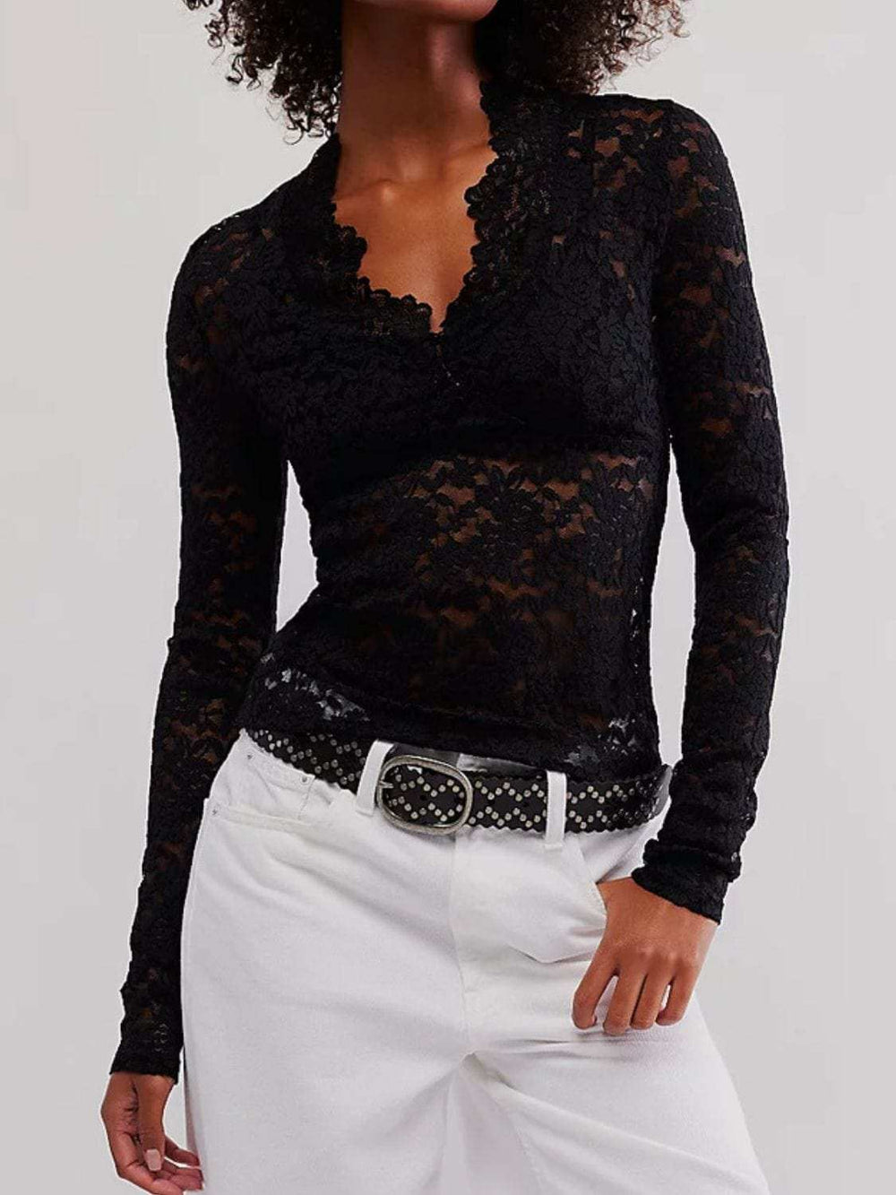 V-Neck Long Sleeve Lace Top - Trendsi - Flyclothing LLC