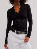 V-Neck Long Sleeve Lace Top - Trendsi - Flyclothing LLC
