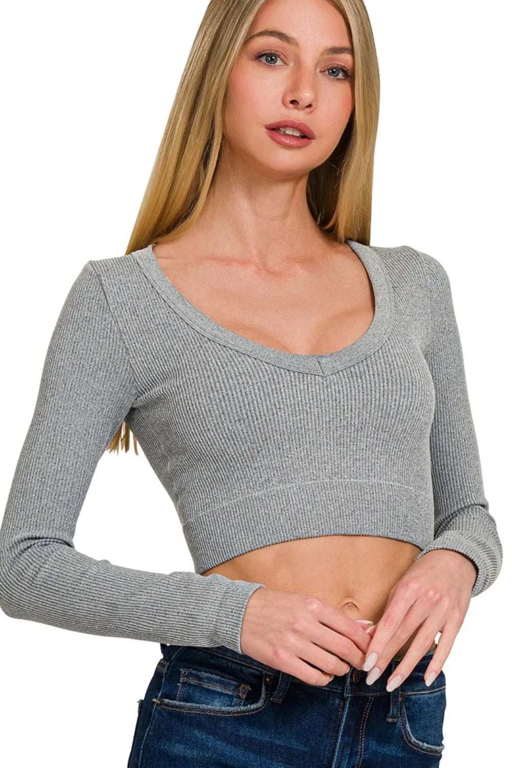 Zenana Seamless Fitted Rib V-neck Long Sleeve Crop Top - Trendsi - Flyclothing LLC