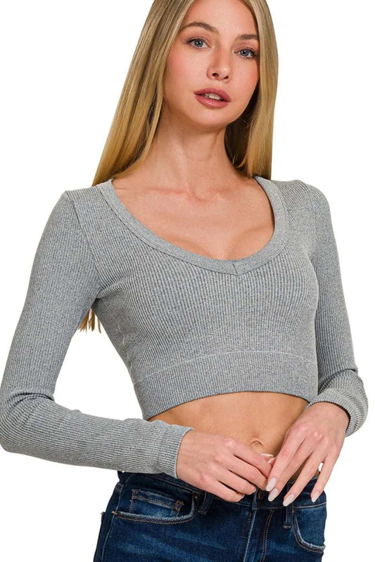 Zenana Seamless Fitted Rib V-neck Long Sleeve Crop Top - Trendsi - Flyclothing LLC