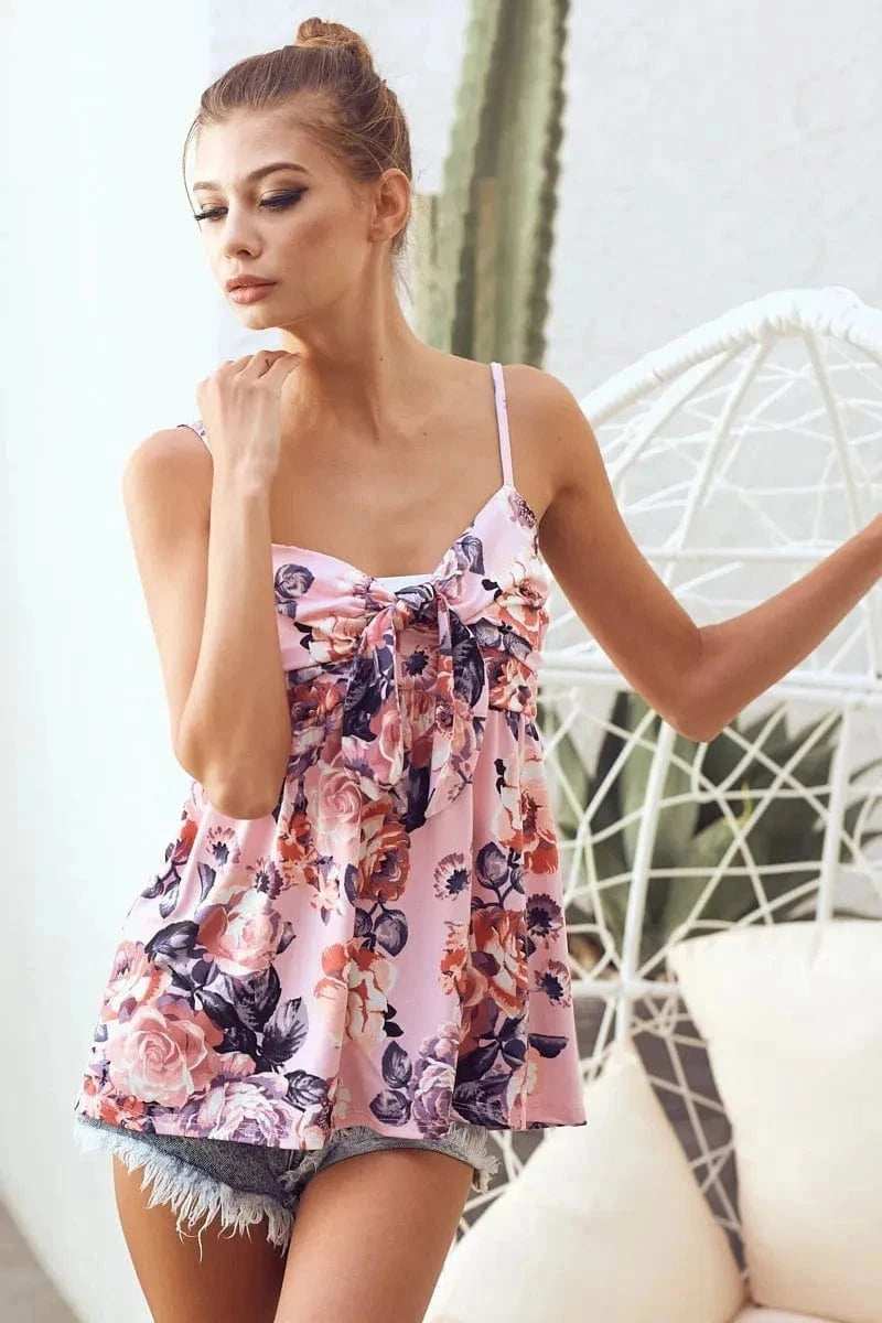 BiBi Floral Printed Jersey Knit with Tie Ribbon Front - Trendsi - Flyclothing LLC