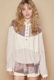POL Half Button Balloon Sleeve Top with Printed Knit Contrast - Trendsi - Flyclothing LLC