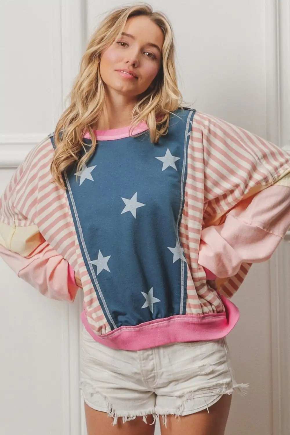 BiBi Stars and Stripes Round Neck Long Sleeve Top - Trendsi - Flyclothing LLC