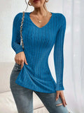 Slit Ribbed V-Neck Long Sleeve T-Shirt - Trendsi - Flyclothing LLC