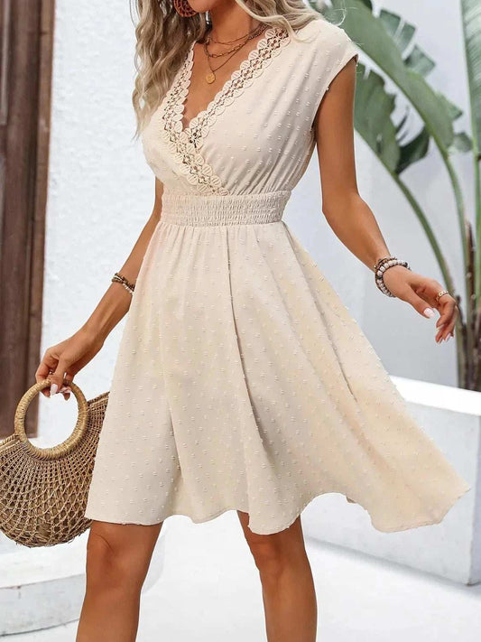 Lace Detail Surplice Cap Sleeve Mini Dress - Trendsi - Flyclothing LLC