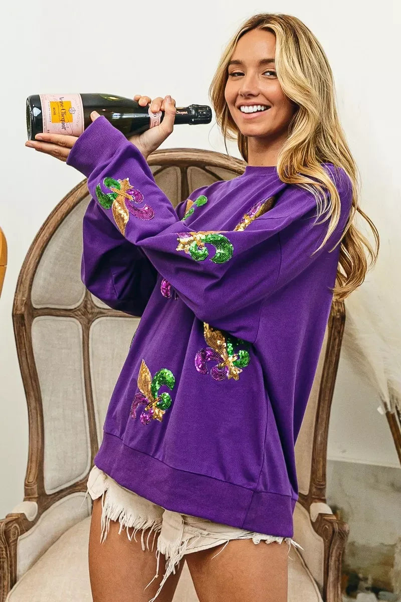 BiBi Fleur De Lis Sequin Patches Mardi Gras Sweatshirt - Trendsi - Flyclothing LLC