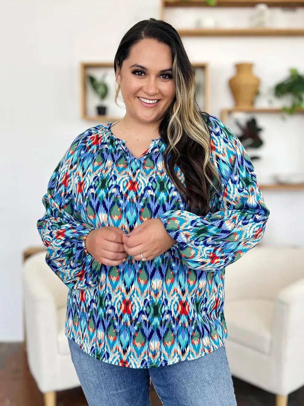 Double Take Full Size Printed Balloon Sleeve Blouse - Trendsi - Flyclothing LLC