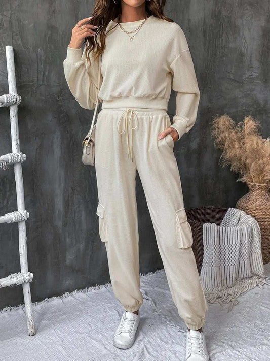 Round Neck Long Sleeve Top and Pants Set - Trendsi - Flyclothing LLC