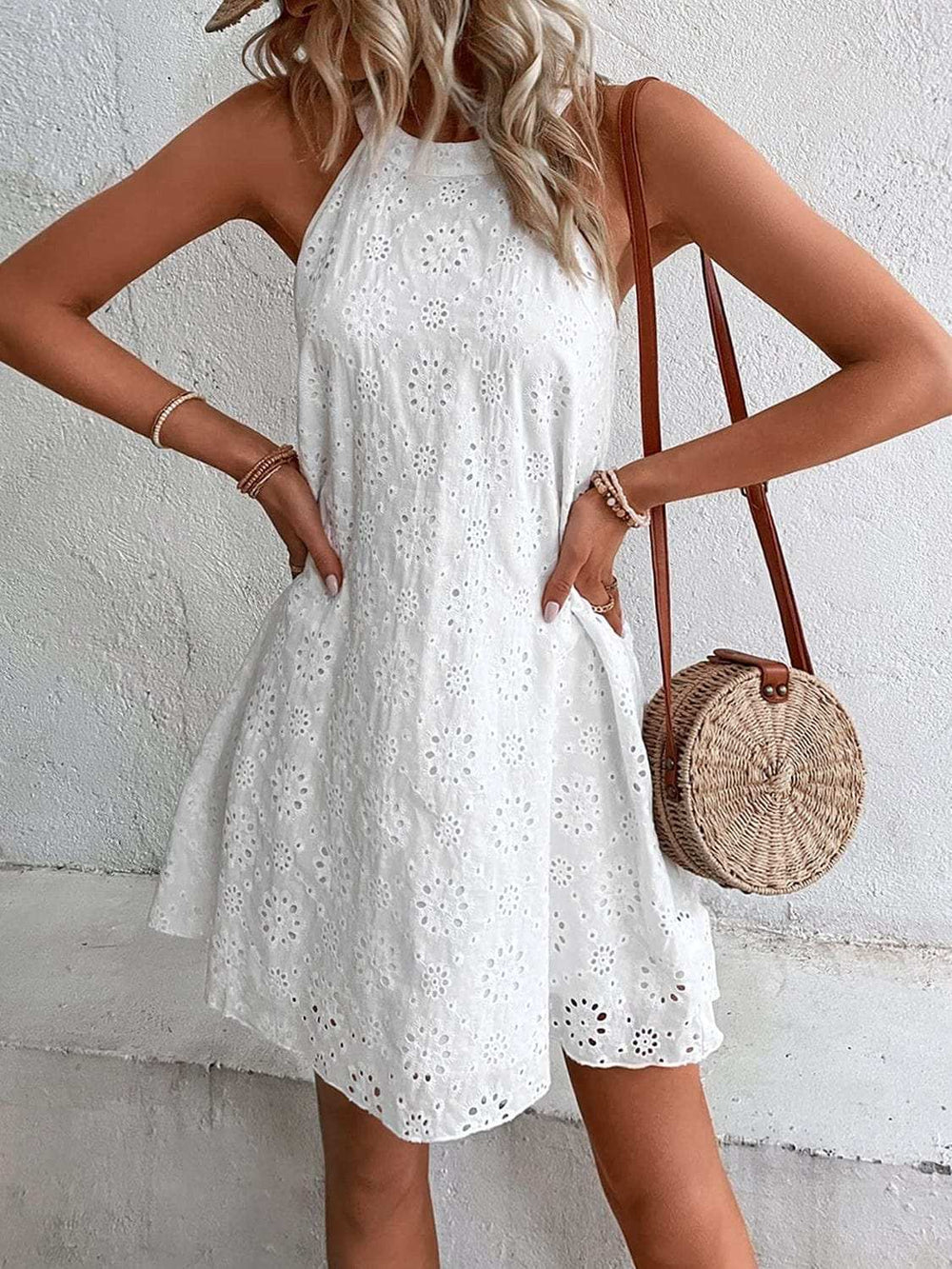 Eyelet Grecian Neck Mini Dress - Trendsi - Flyclothing LLC