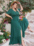 Plus Size Button Detail V-Neck Short Sleeve Maxi Dress - Trendsi - Flyclothing LLC