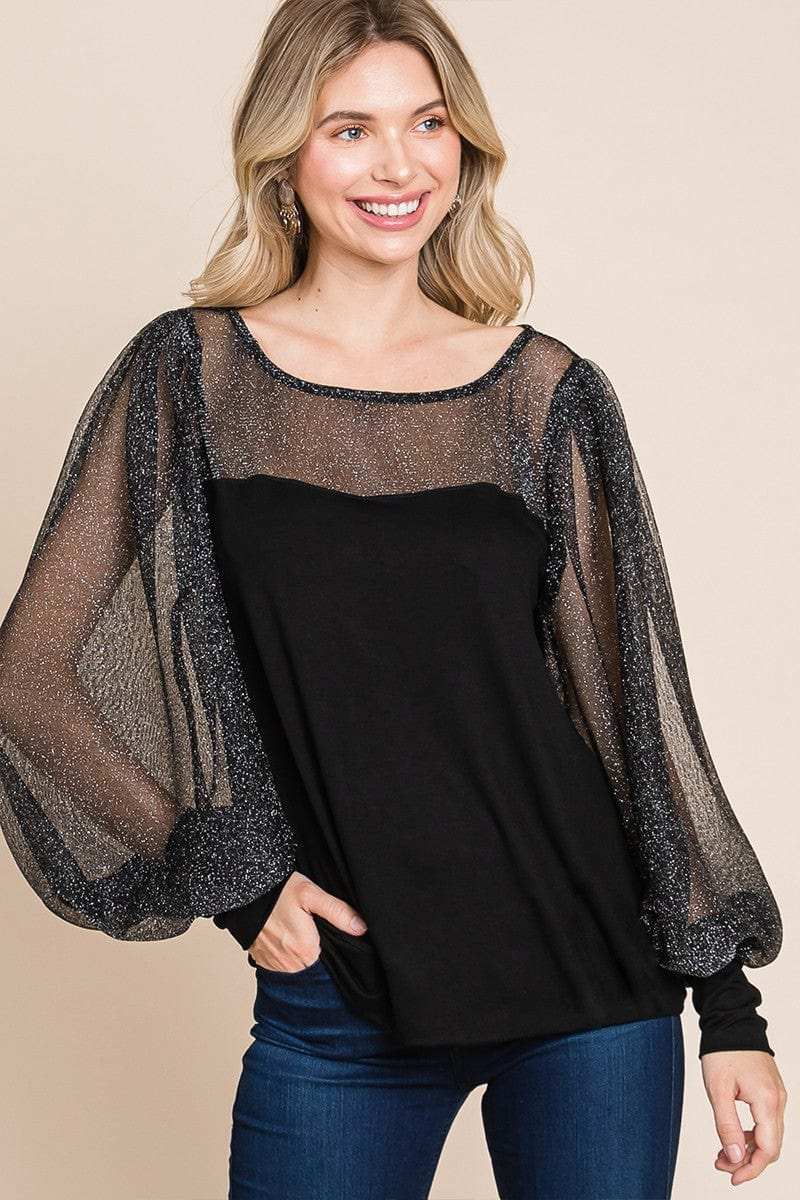 Super Lady Full Size Metallic Mesh Lantern Sleeve Blouse - Trendsi - Flyclothing LLC