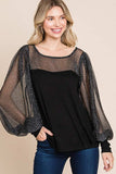 Super Lady Full Size Metallic Mesh Lantern Sleeve Blouse - Trendsi - Flyclothing LLC