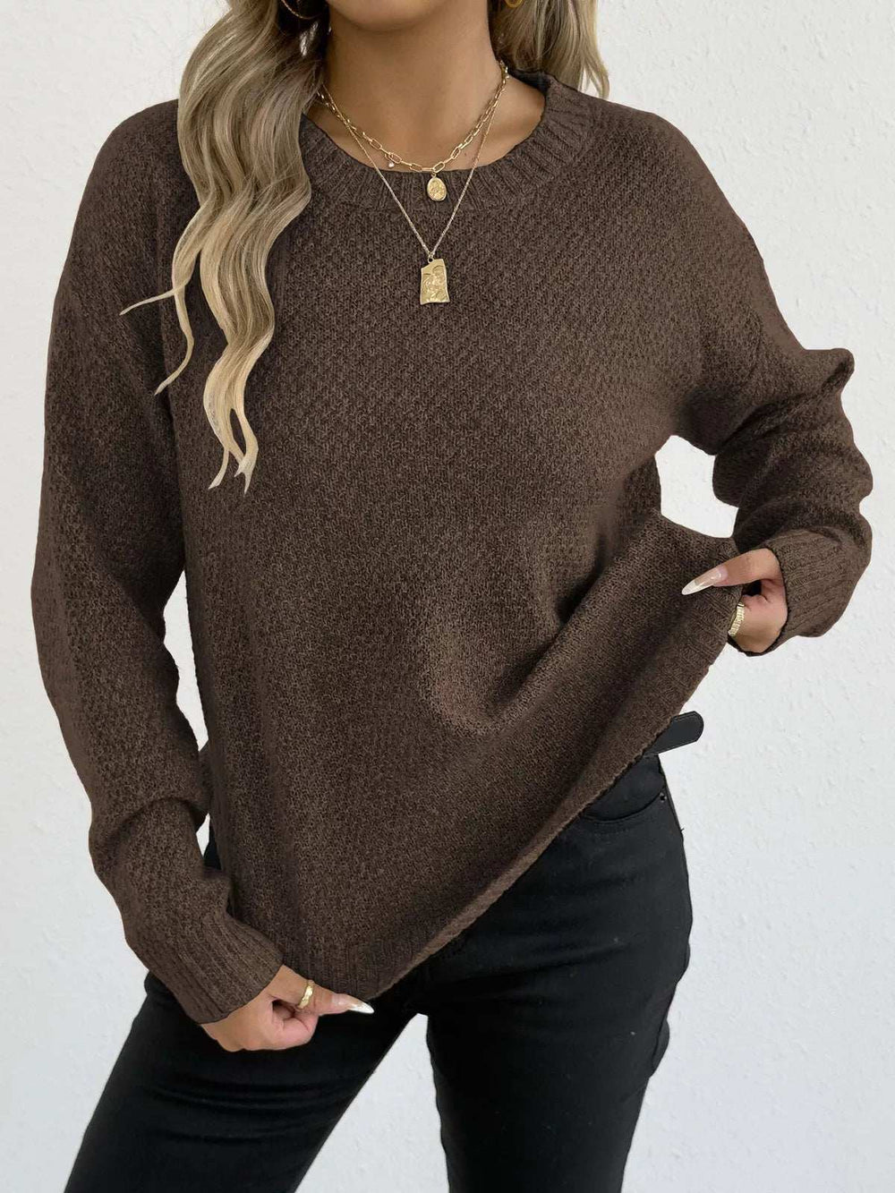 Textured Knit Relaxed Fit Round Neck Sweater - Trendsi - Flyclothing LLC