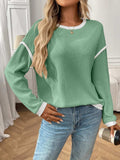 Ribbed Contrast Trim Long Sleeve Top - Trendsi - Flyclothing LLC