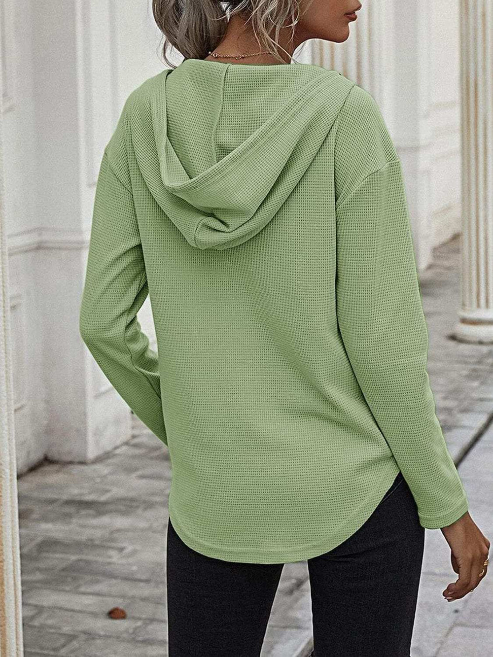 Drawstring Waffle Knit Long Sleeve Hooded Top - Trendsi - Flyclothing LLC