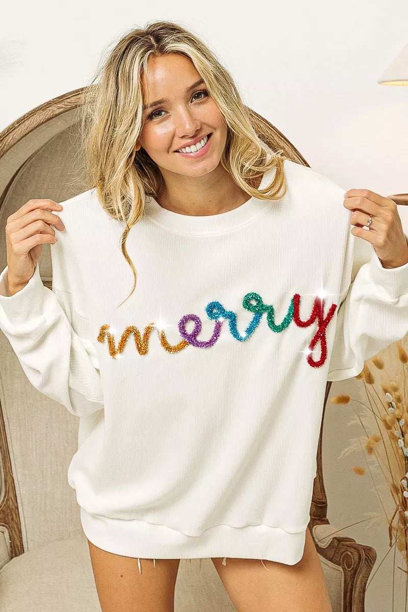 BiBi Merry Tinsel Lettering Drop Shoulder Sweatshirt - Trendsi - Flyclothing LLC